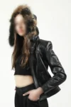 ژاکت زنانه چرم طبیعی با کلاه Yb2028 رنگ مشکی - 11495