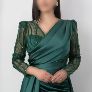 پیراهن ساتن با جزئیات مرواریدی یقه کراواتی مدل DMN5187 - 11386