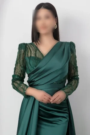 پیراهن ساتن با جزئیات مرواریدی یقه کراواتی مدل DMN5187 - 11386