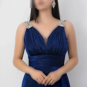 دخترانه با جزئیات سنگ‌دوزی نقره‌ای لباس شب 39844 - 11320