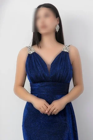 دخترانه با جزئیات سنگ‌دوزی نقره‌ای لباس شب 39844 - 11320