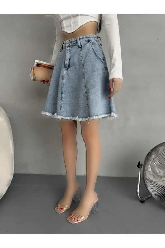 دامن جین زنانه مدل پفی با کمر بلند و رنگ آبی - 11225