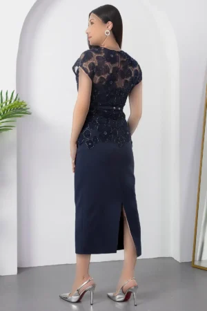 پیراهن ابریشمی کمربند دار با توری منجوق دار BAL144 - 11337