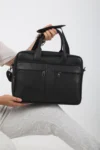 کیف اداری و لپ‌تاپ چرم طبیعی سیاه / کیف لپ‌تاپ بزرگ با بند بلند / مناسب برای لپ‌تاپ ۱۵.۶ اینچی - 11044