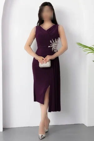 پیراهن کوتاه مجلسی با یقه V و چاک دار بلی taşlı شماره 13464 - 11424