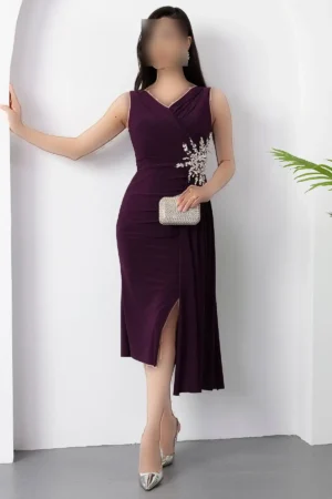 پیراهن کوتاه مجلسی با یقه V و چاک دار بلی taşlı شماره 13464 - 11424