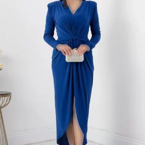 پیراهن بلند آبی با یقه V مدل سندی NY4411 - 11332