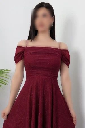پیراهن توری نازک آستین دار با یقه کره‌ای و بافت براق 39976 - 11310