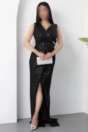 لباس شب پاپیه با آستین صفر و یقه آنولپ و قفل‌دار شماره 13462 - 11350