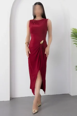 پیراهن با یقه بیسیکلت و جزئیات گیره دار با چاک NY3005 - 11388