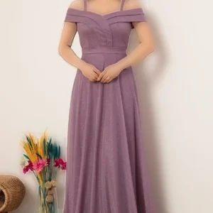 دودری توری براق با آستین بلند لباس مجلسی بلند 13278 - 11296