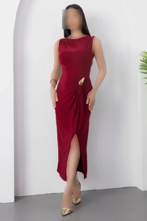 پیراهن با یقه بیسیکلت و جزئیات گیره دار با چاک NY3005 - 11388
