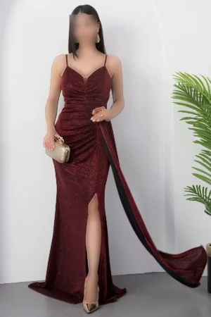 پیراهن مجلسی بلند تور با جیب و چین‌دار و شکاف 39711 - 11436