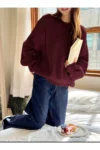 ژاکت بافتنی با یقه گرد زنانه سایز بزرگ رنگ Bordo - 11060