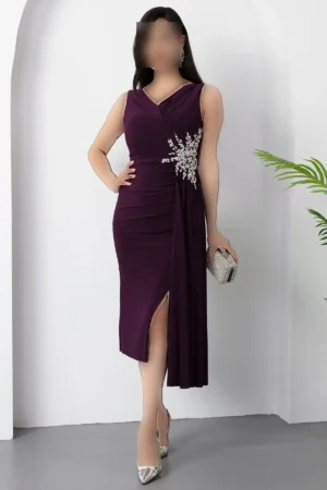 پیراهن کوتاه مجلسی با یقه V و چاک دار بلی taşlı شماره 13464 - 11424
