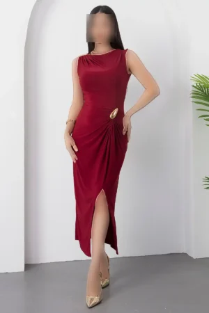 پیراهن با یقه بیسیکلت و جزئیات گیره دار با چاک NY3005 - 11388