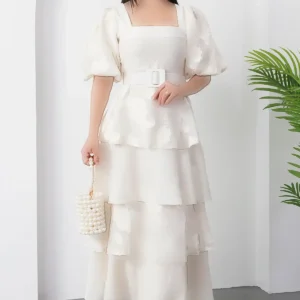 پیراهن چین‌دار با یقه کرواتی و کمربند ELS8574 - 11420