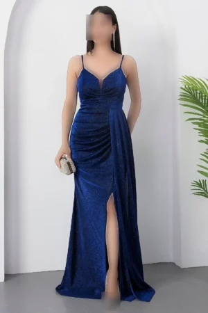 پیراهن مجلسی بلند از جنس توری با طراحی چین‌دار و شقاق‌دار 39711 - 11317