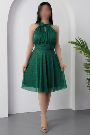 پیراهن توری با یقه سی و طرح براق کد 13376 - 11363