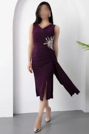پیراهن کوتاه مجلسی با یقه V و چاک دار بلی taşlı شماره 13464 - 11424