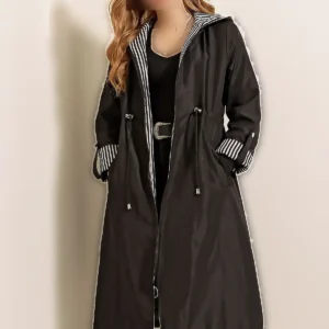 ترنچ کت مشکی با کمر کش داری و دارای کلاه مدل 9091 - 11263