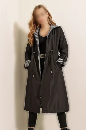 ترنچ کت مشکی با کمر کش داری و دارای کلاه مدل 9091 - 11263
