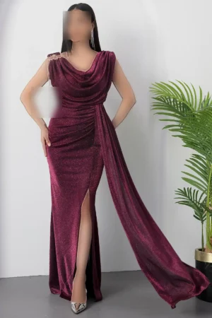 پیراهن یقه دگمه‌ای با تزئینات روی شانه و پارچه براق شماره 39878 - 11300