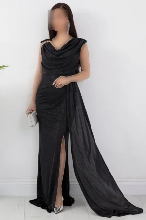 پیراهن یقه دگمه‌دار با جزئیات آستین و پارچه براق شماره 39878 - 11407