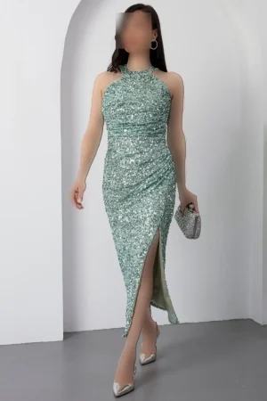 دستdress میدی مجلسی با یقه هالتر و چاک دار BAL143 - 11297