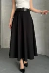 دامن کلوش مشکی زنانه با کمربند - 11209