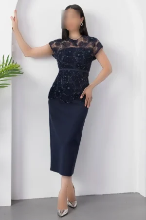 پیراهن ابریشمی کمربند دار با توری منجوق دار BAL144 - 11337