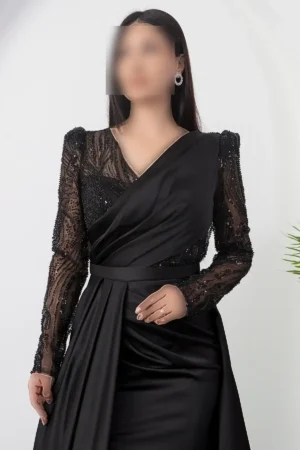پیراهن ساتن با جزئیات مرواریدی یقه کراواتی مدل DMN5187 - 11295