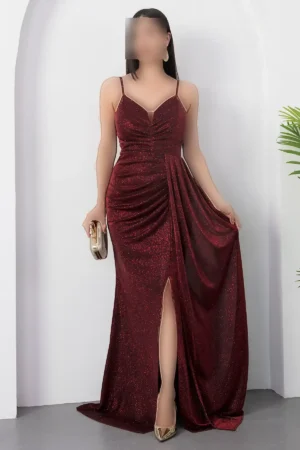 پیراهن مجلسی بلند تور با جیب و چین‌دار و شکاف 39711 - 11436