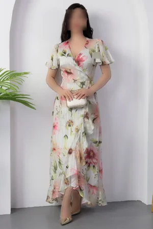 دستdress با یقه کراوات و آستین‌های پفی YZC25Y230 - 11374