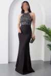 لباس مجلسی بلند با دامن کمر جمع شده و بالا پوش پایت دار، مدل 13015 - 11298