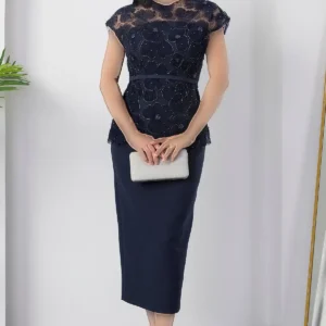 پیراهن ابریشمی کمربند دار با توری منجوق دار BAL144 - 11337