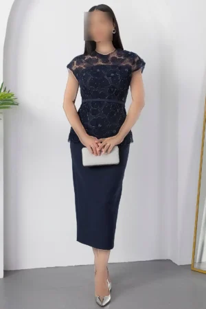 پیراهن ابریشمی کمربند دار با توری منجوق دار BAL144 - 11337
