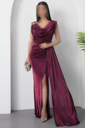 پیراهن یقه دگمه‌ای با تزئینات روی شانه و پارچه براق شماره 39878 - 11300