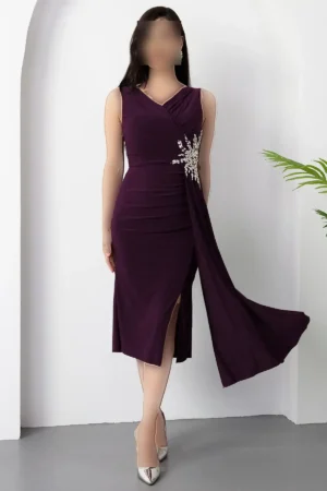 پیراهن کوتاه مجلسی با یقه V و چاک دار بلی taşlı شماره 13464 - 11424