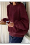 ژاکت بافتنی با یقه گرد زنانه سایز بزرگ رنگ Bordo - 11060