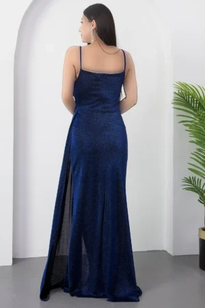 پیراهن مجلسی بلند از جنس توری با طراحی چین‌دار و شقاق‌دار 39711 - 11317