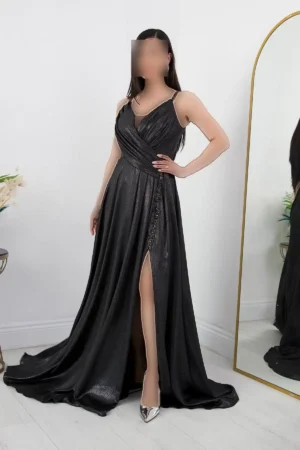 پیراهن مجلسی ساتن طرح دار با بندهای نازک مدل DMN4613 - 11416