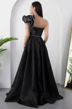 پیراهن مجلسی چین‌دار یک‌شانه با چاک ECR5579 - 11395