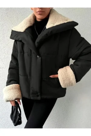ژاکت پفکی با جزئیات پشمی زنانه - 11498