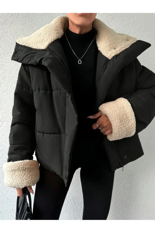 ژاکت پفکی با جزئیات پشمی زنانه - 11498