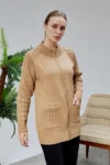 ژاکت بافتنی زنانه با زیپ و جیب در سایز استاندارد رنگ بژ - 11608