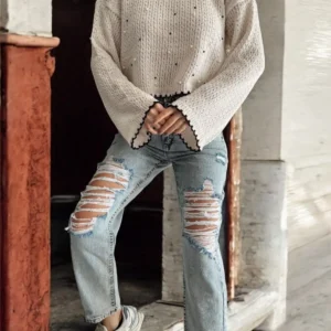 کاپشن گل‌دار بافتنی کوتاه با طرح سوراخ‌دار - 11747