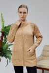 ژاکت بافتنی زنانه با زیپ و جیب در سایز استاندارد رنگ بژ - 11608