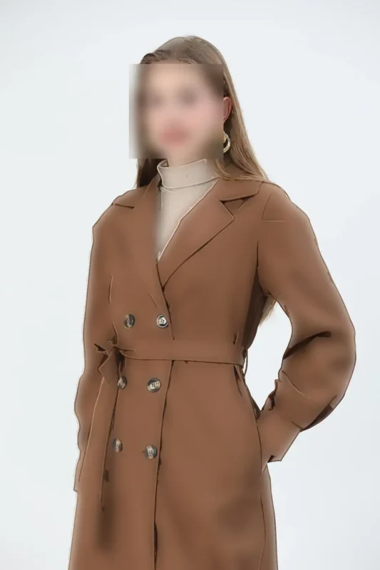 ترنچ کت تیره با آستین پفی رنگ قهوه‌ای - 11735