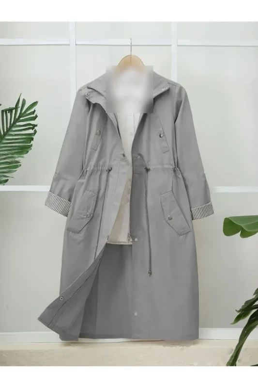 ترنچ کت نخی ارگانیک بدون آستر با جزئیات جیب جلو و بندهایی در ناحیه دور کمر - خاکستری - 11742